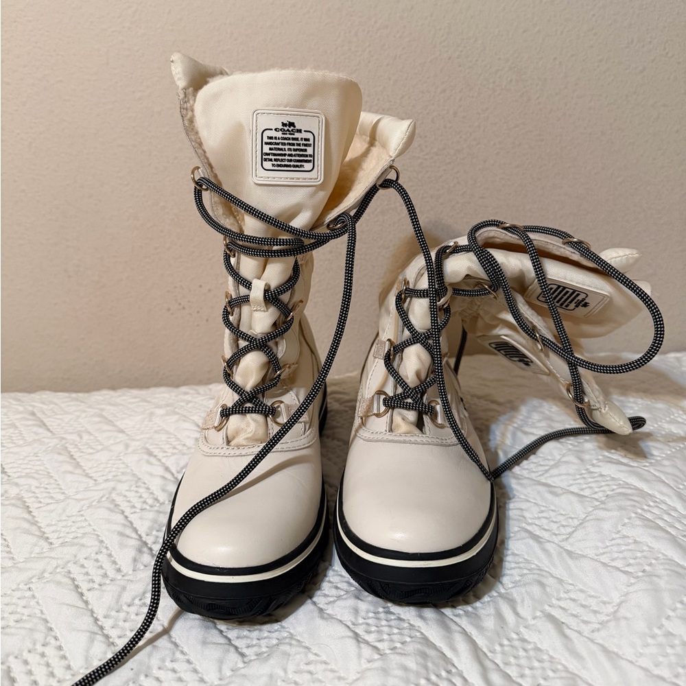 Coach Cream Lace-Up Platform Boots with Black-Trim Laces